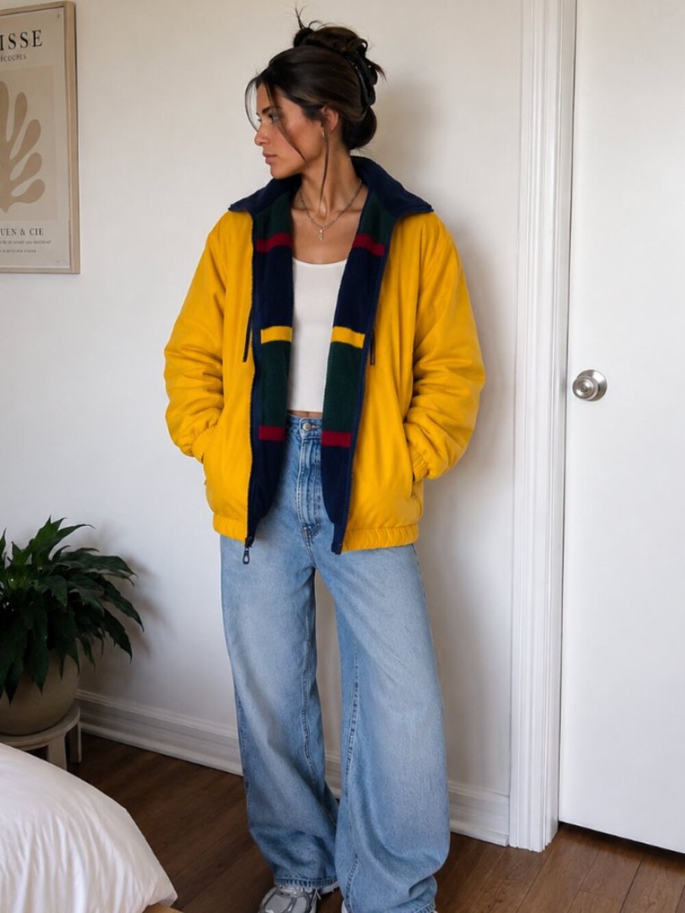 Dunbrooke Yellow Jacket with Cozy Navy Striped Fleece - Large